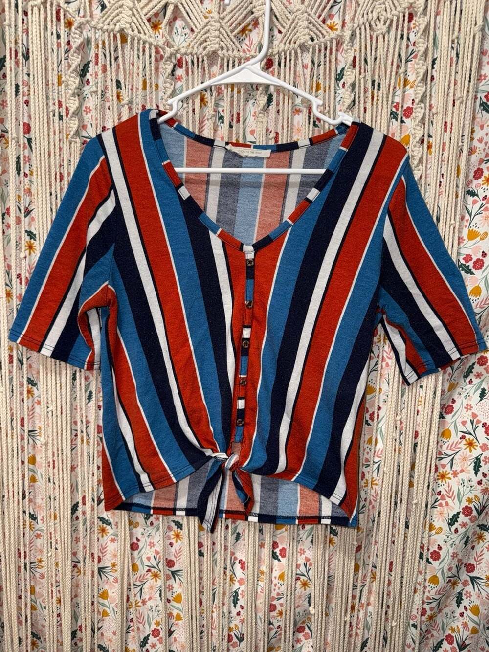Retro Striped Crop Top Womens Blue Rust Navy Front Tie Button 70s Boho